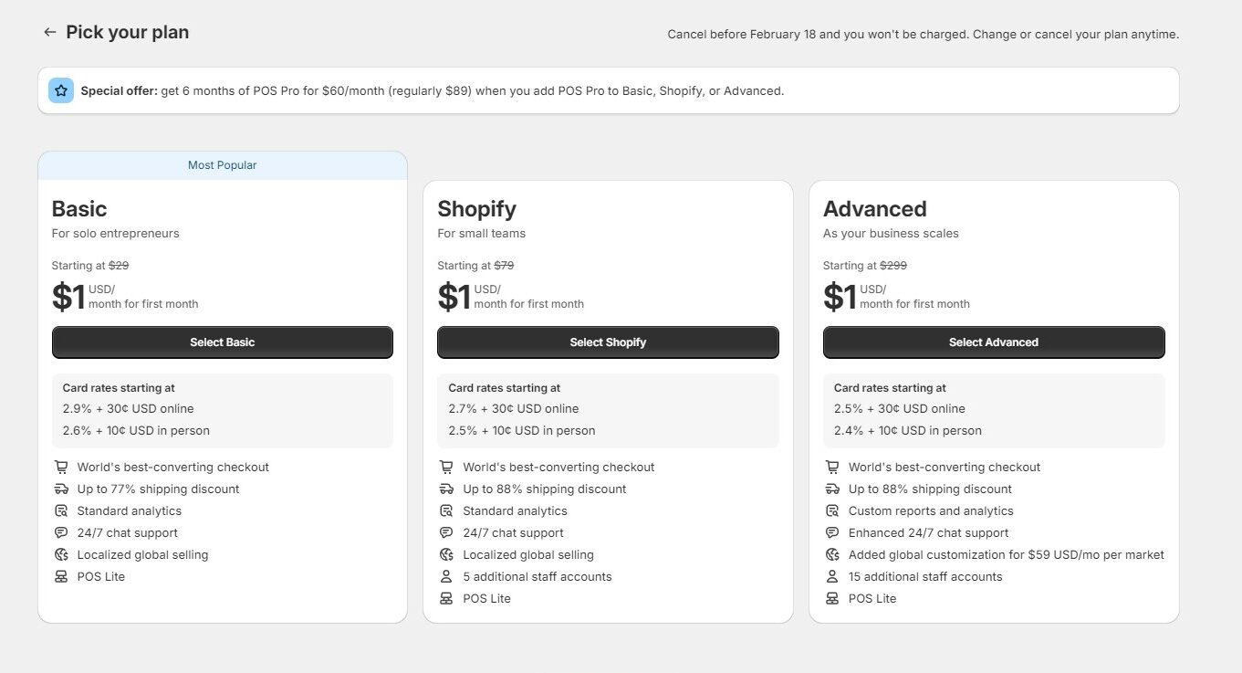 shopify pricing plan