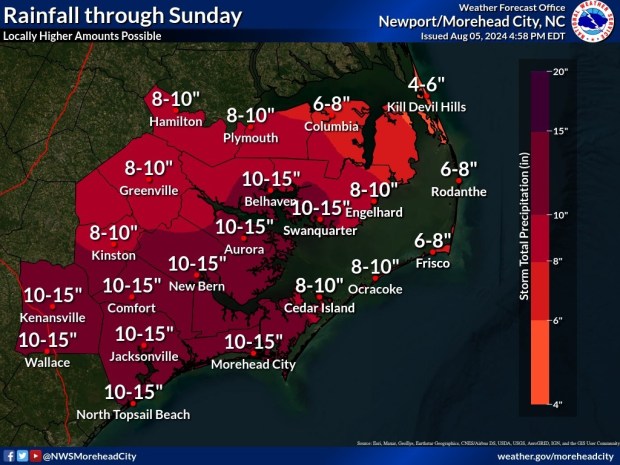 National Weather Service total rainfall graphic for eastern North Carolina through Saturday night. (NWS graphic)