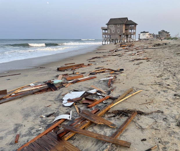 The debris field from the collapse of a beach house into the Atlantic Ocean in Rodanthe the evening of Aug. 16, 2024. (Photo courtesy National Park Service)