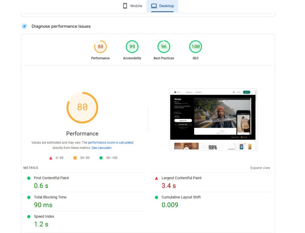 PageSpeed Insights in the Venue Shopify theme