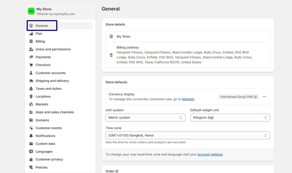 Go to Settings > General to add your store name, contact email, and legal address