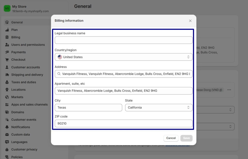 Fill in billing information for your Shopify store