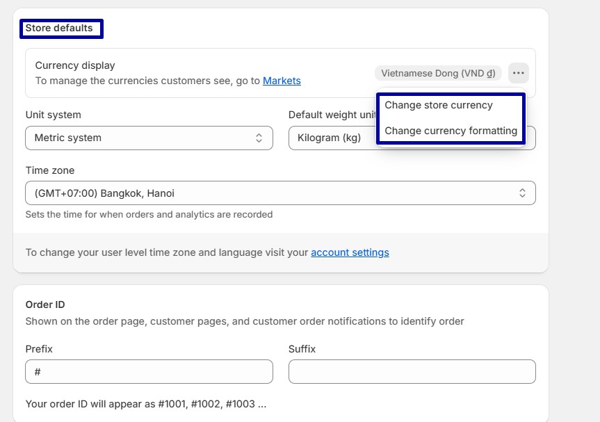 Next, in the Store defaults section, choose a default currency for your store listings