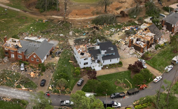 An aerial view of the severe damaged done to the Great Neck neighborhood in Virginia Beach after a tornado ripped through the area Sunday night. As seen Monday, May 1, 2023.