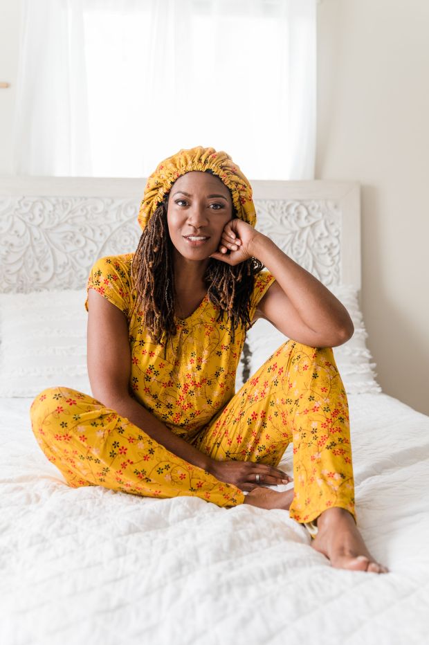 Jamita Yazar models one of Sleep Sassy's pajama pants sets. (Courtesy of Sleep Sassy)