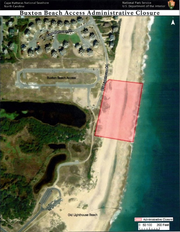 The administrative closure of Buxton Beach Access is shown in red. The access is located at the south end of Old Lighthouse Road in Buxton (Cape Hatteras National Seashore photo)