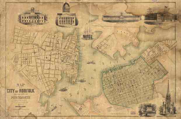 1851 map of Norfolk and Portsmouth waterfronts.