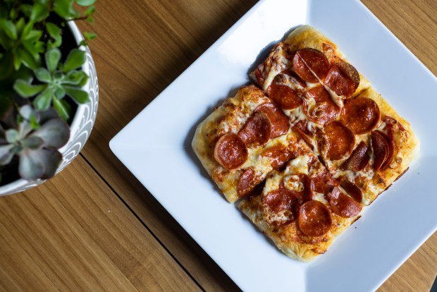 The pepperoni pizza made with dough fermented in house at Sojourn Fermentory in Suffolk on Thursday, Aug. 15, 2024. (Kendall Warner / The Virginian-Pilot)