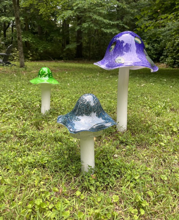 This colorful glass trio of mushrooms will be on display at Norfolk Botanical Garden's summer exhibit. (Norfolk Botanical Garden)