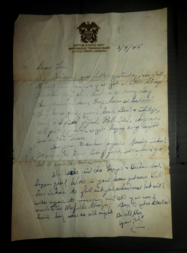 A letter seemingly written in 1945 by a man stationed at the U.S. Navy Amphibious Training Base at Little Creek, Virginia Beach, Virginia, was found Aug. 7, 2024, outside Tampa, Florida. (Photo courtesy of Suzanne Flament-Smith)