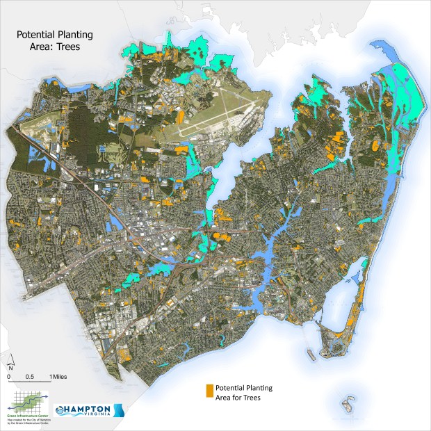 A map showing potential planting areas for trees. The city hopes to increase its tree canopy by 1% over the next 10 years. Photo courtesy of the City of Hampton and the Green Infrastructure Center.