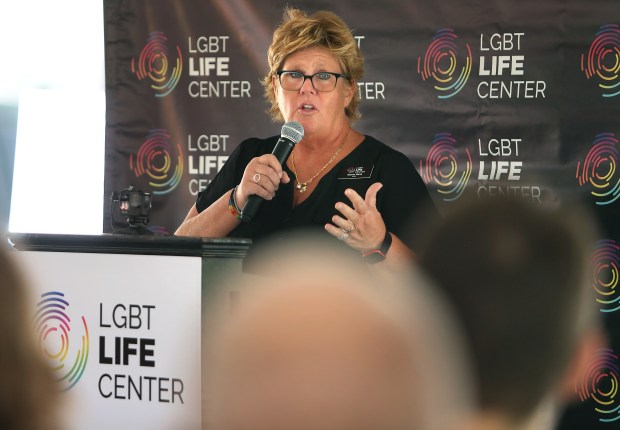 Stacie Walls, CEO, speaks to officials and supporters during the grand opening of the new LGBT Life Center in Hampton on Thursday, Sept. 5, 2024. (Stephen M. Katz / The Virginian-Pilot)