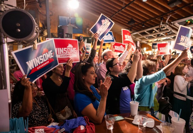 Supporters of Lt. Gov. Winsome Earle-Sears cheer as she announces her intention to run for governor of Virginia during an event at Chick's Oyster Bar in Virginia Beach on Thursday, Sept. 5, 2024. (Kendall Warner / The Virginian-Pilot)