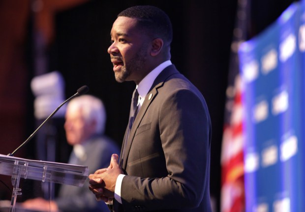 City Manager of Virginia Beach, Patrick Duhaney, shares the city's positive economic growth with hundreds of attendees to the Virginia Beach State of the City address at the Virginia Beach Convention Center on Thursday, March 13, 2024. (Stephen M. Katz/The Virginian-Pilot)